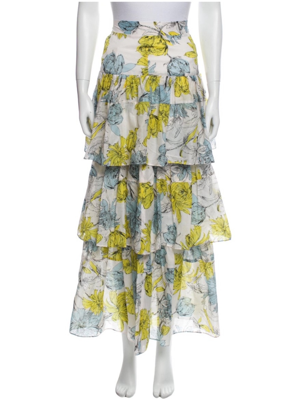 ALEXIS Tiered Floral Maxi Skirt in Yellow & Light Blue XXS 00 or XS 0